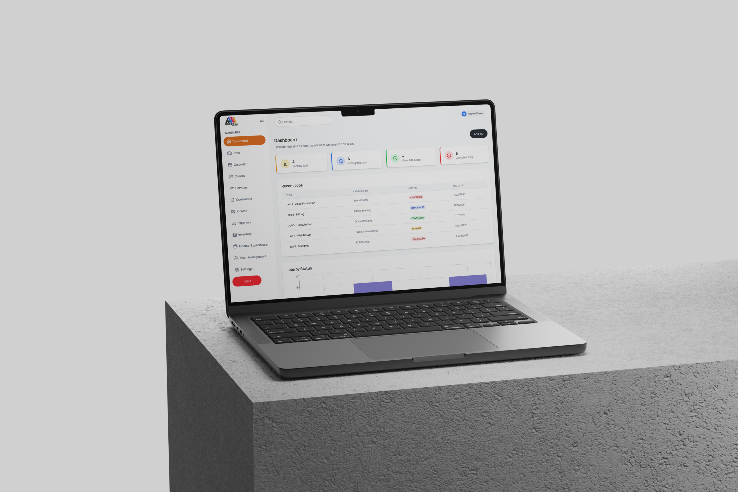 A responsive Next.js admin dashboard for managing clients, jobs, inventory, invoices, and financials backed by Supabase and PDF invoice generation.