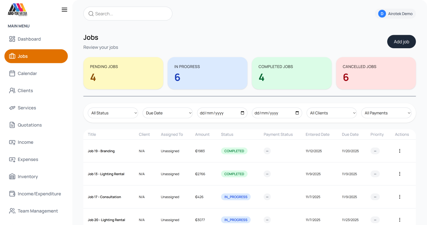 A responsive Next.js admin dashboard for managing clients, jobs, inventory, invoices, and financials backed by Supabase and PDF invoice generation.