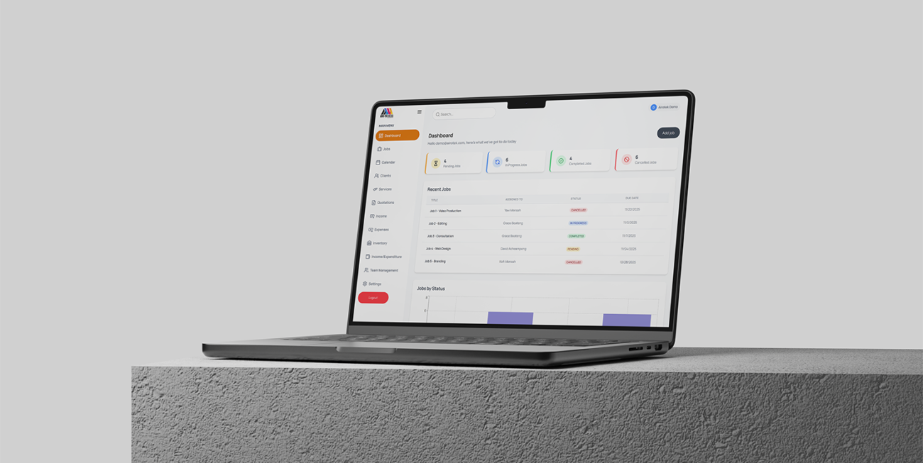 A responsive Next.js admin dashboard for managing clients, jobs, inventory, invoices, and financials backed by Supabase and PDF invoice generation.